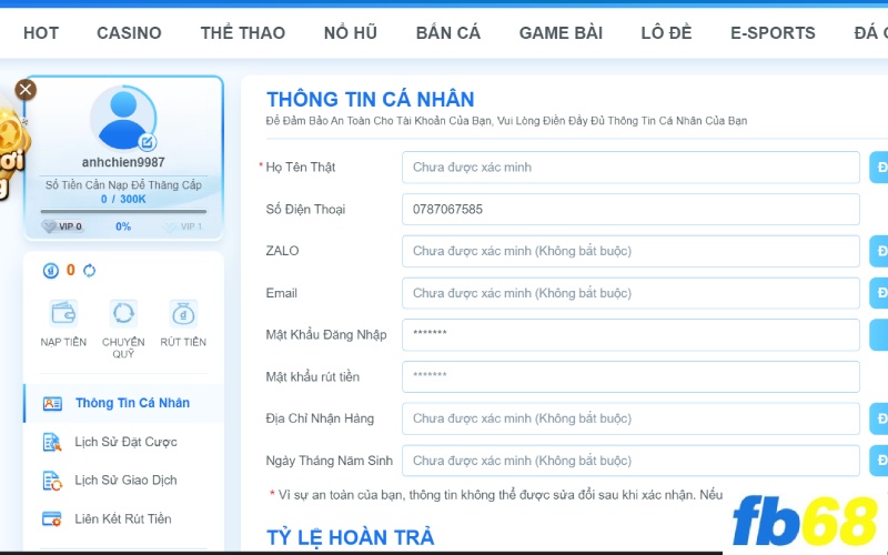 Chính sách bảo mật FB68 liên quan đến thông tin người dùng