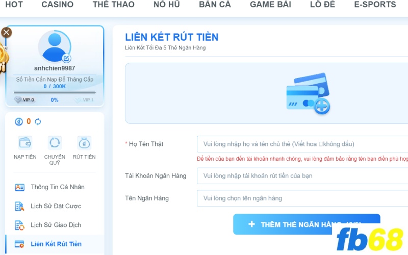 Hướng dẫn rút tiền FB68 qua ngân hàng