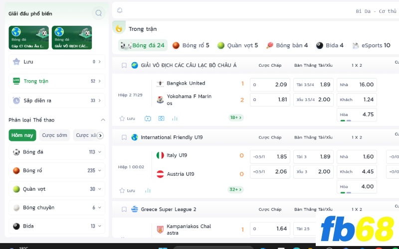 Tham gia FB68 để cá cược nhiều loại thể thao khác nhau